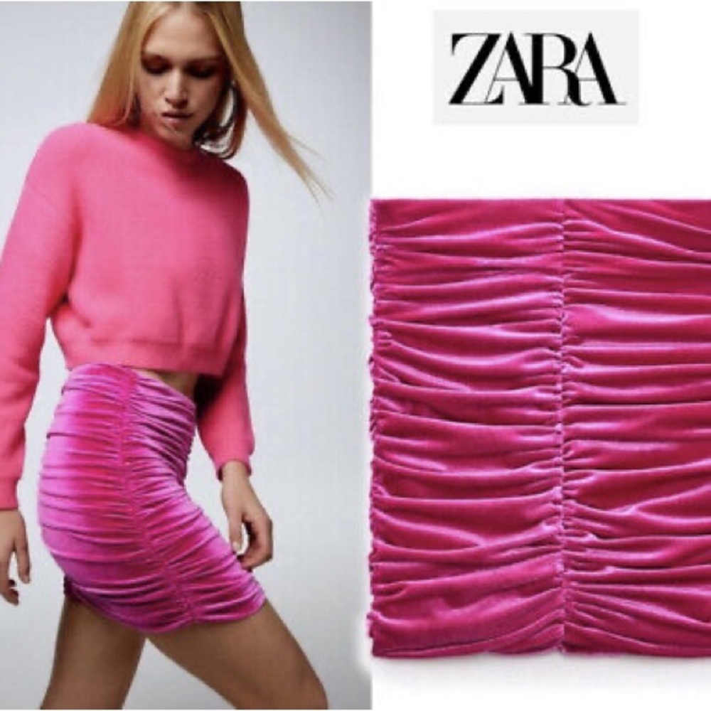 Zara Fuchsia Hot Pink Ruched Velvet Stretch Body Con Mini Skirt Size S Small